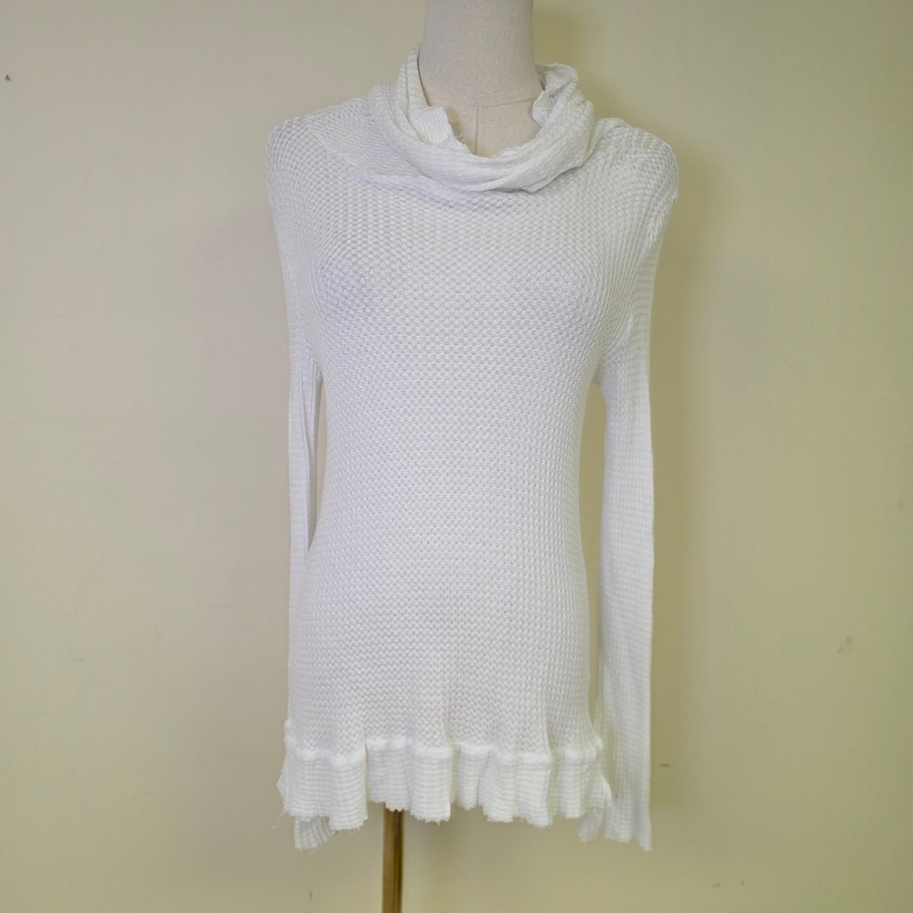 Bleusalt Cowl Neck Sweater White Waffle Knit Ruffle Hem Womens 2 Medium